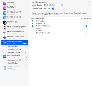 Screenshot showing Audio MIDI Setup window with a multi-output device created as described in the text above.