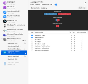 Screenshot showing Audio MIDI Setup window with an aggregate device created as described in the text above.